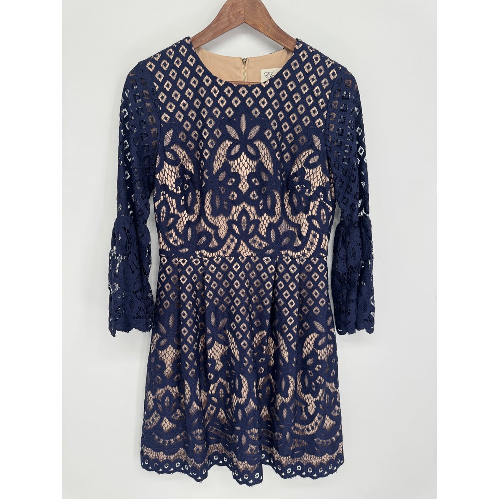 Eliza J Lace Dress Women 4 Blue Bell Sleeve Fit Flare Cocktail Wedding Guest